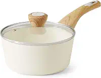 SENSARTE Panela de cerâmica antiaderente com tampa, panela pequena de 1,5 litro, panela branca com alça para ficar fresca, panela de molho de cozinha não tóxica, panela antiaderente, panela de indução