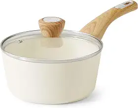 SENSARTE Panela de cerâmica antiaderente com tampa, panela pequena de 1,5 litro, panela branca com alça para ficar fresca, panela de molho de cozinha não tóxica, panela antiaderente, panela de indução
