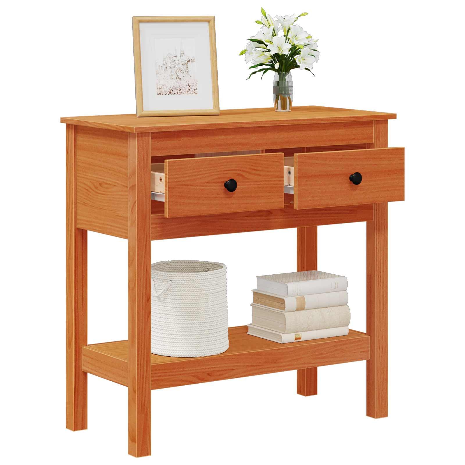 Mesa consola marrón cera madera de pino maciza, 75 x 35 x 75 cm, con cajones y estante, mesa auxiliar, mesa auxiliar para salón, dormitorio, pasillo, oficina, ahorra espacio, moderna