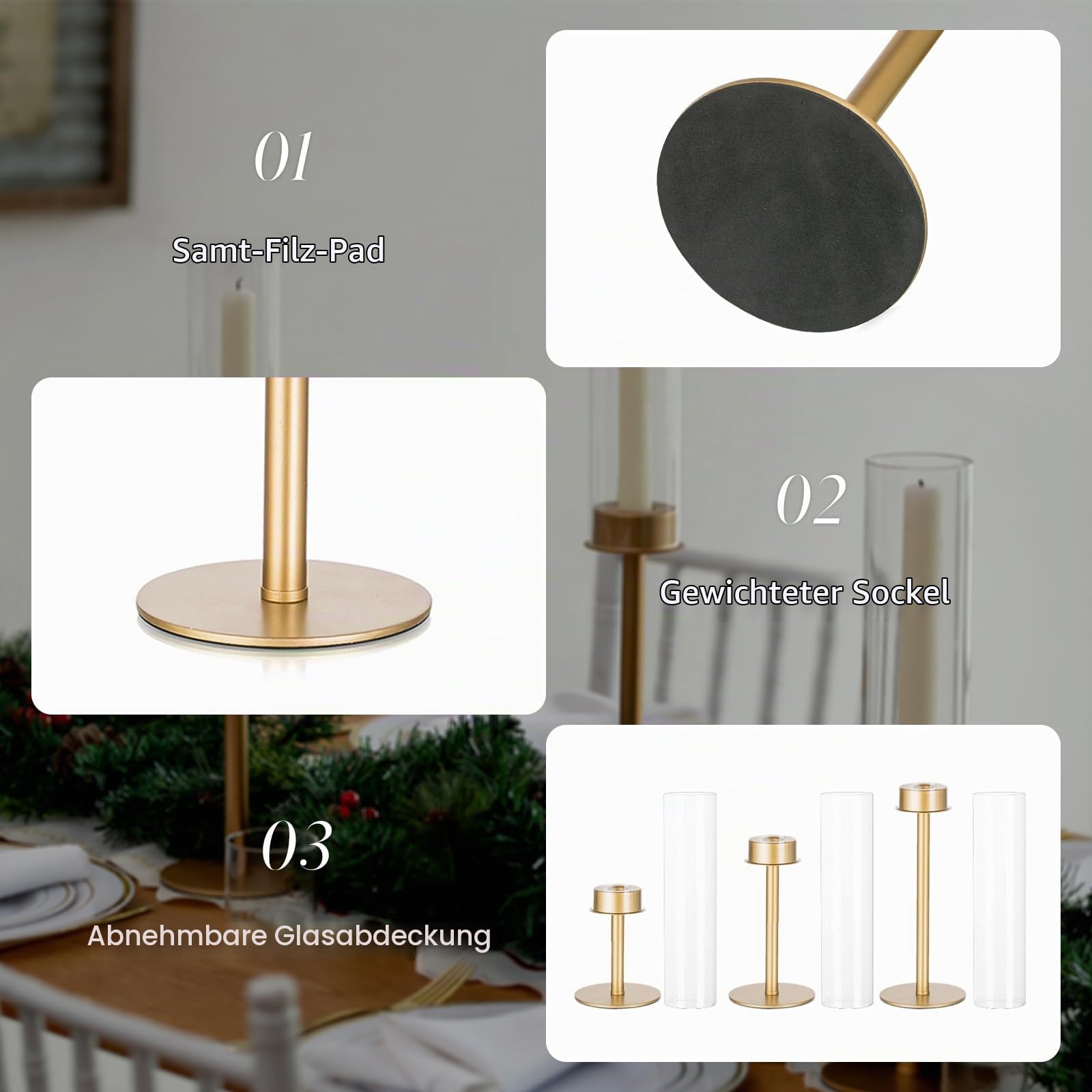 6er Set Stabkerzenhalter Gold, Kerzenständer Glas | für Stabkerzen, Deko Hochzeit, Windlicht, Kerzenhalter mit Glaszylinder, Tischdeko