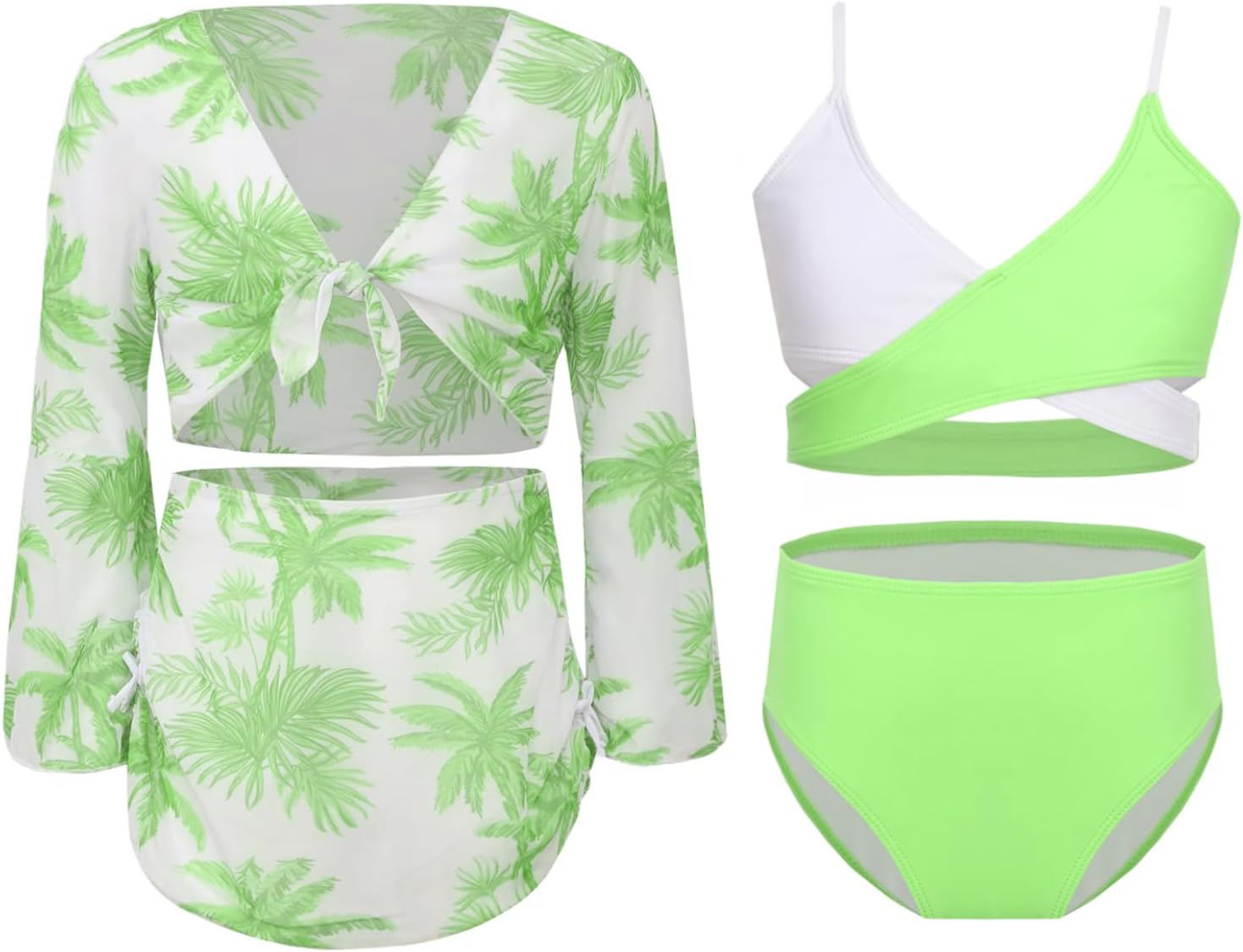 Kids Girls 4-Piece Hawaiian Bikini Set Bathing Suit with Tropical Print Cover Up Top and Beach Skirt