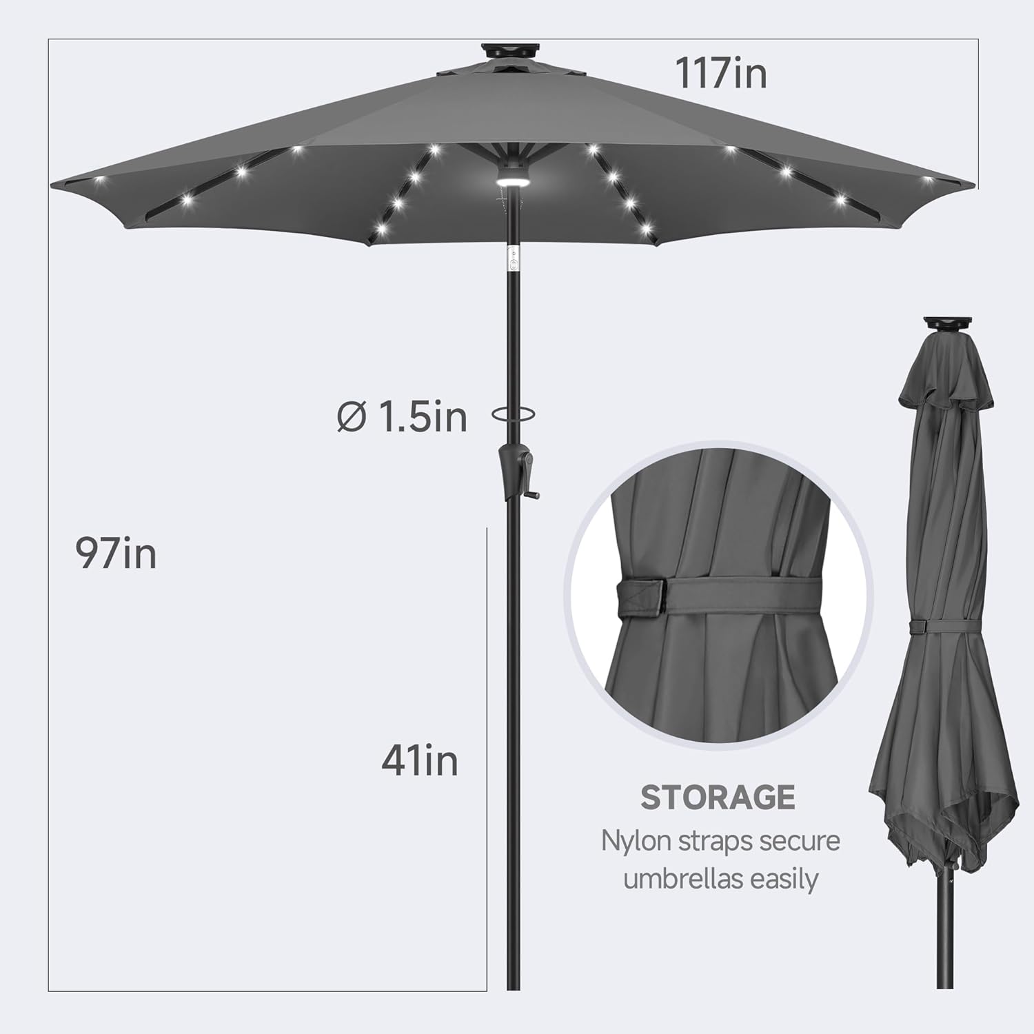 FLAME&SHADE 10 ft Solar Powered Outdoor Market Patio Table Umbrella with LED Lights and Tilt, Anthracite