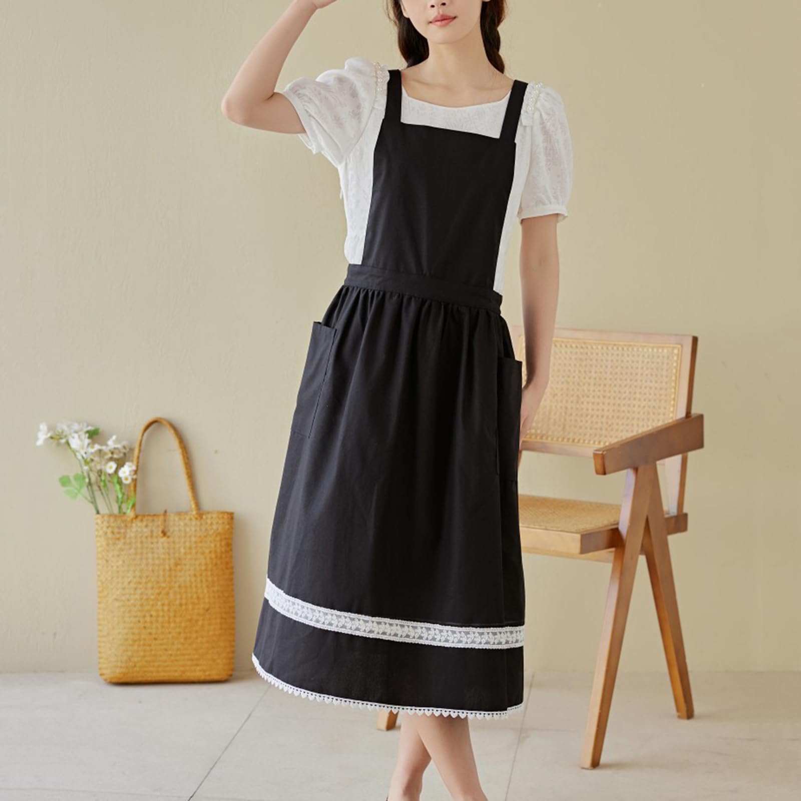 Fartuch Damski Fartuch Lniany Bawełniany Krzyż Na Plecach Z Kieszeniami Sukienka Pinafore Dla Szefa Kuchni Ogrodnictwo Gotowanie Malowanie Black,One Size
