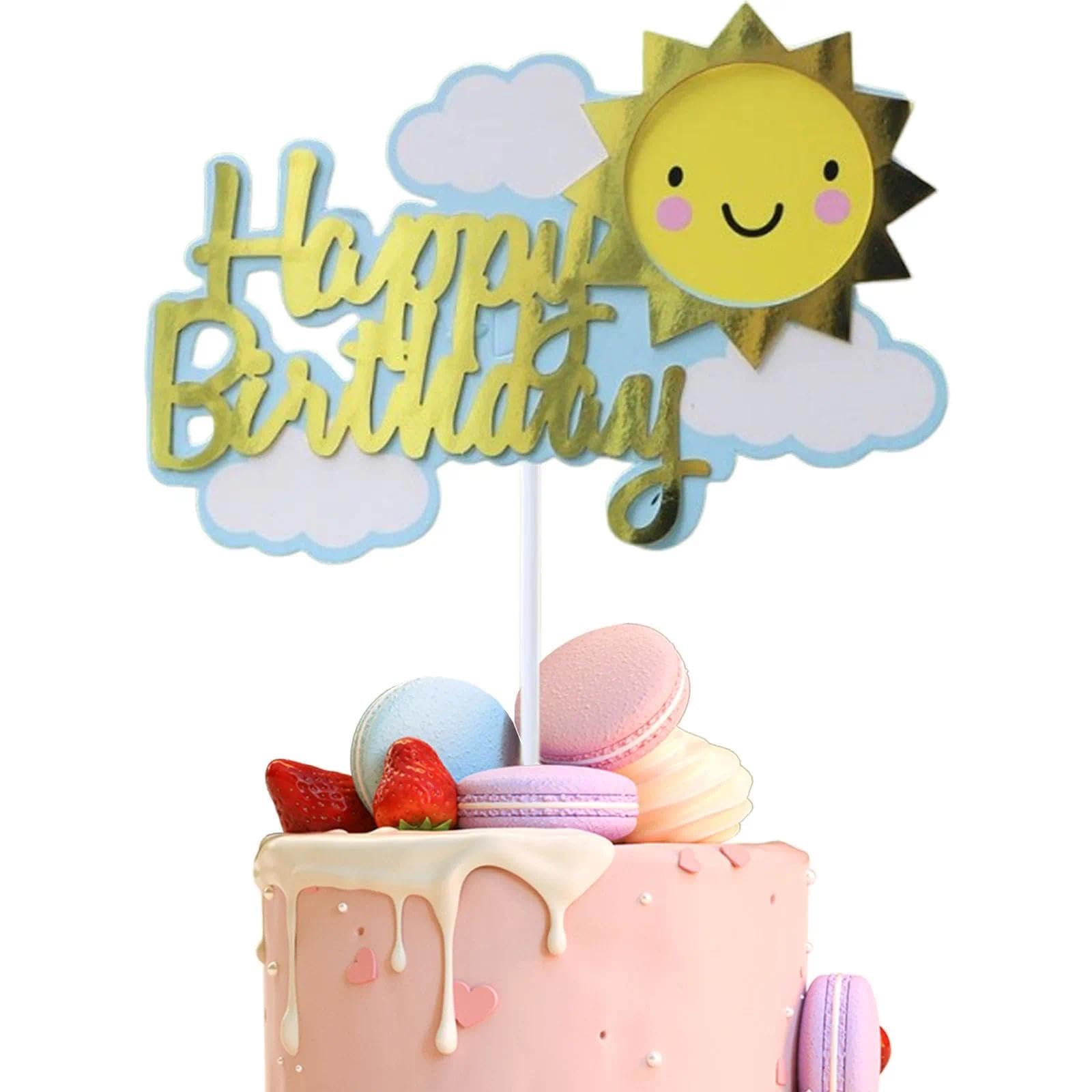 Sun Happy Birthday Cake Toppers – 5 Pcs Gold Sun Cloud Cake Decorations for Baby Shower, Birthday Party Cake Decor Supplies