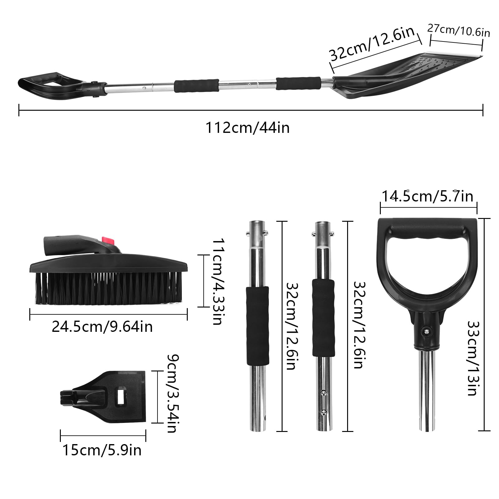 Set da neve 3-in-1, pala da neve retrattile con raschietto per ghiaccio e spazzola per neve per ghiaccio, neve, auto, vialetto, granulometria con sacca di stoccaggio e guanti (nero)