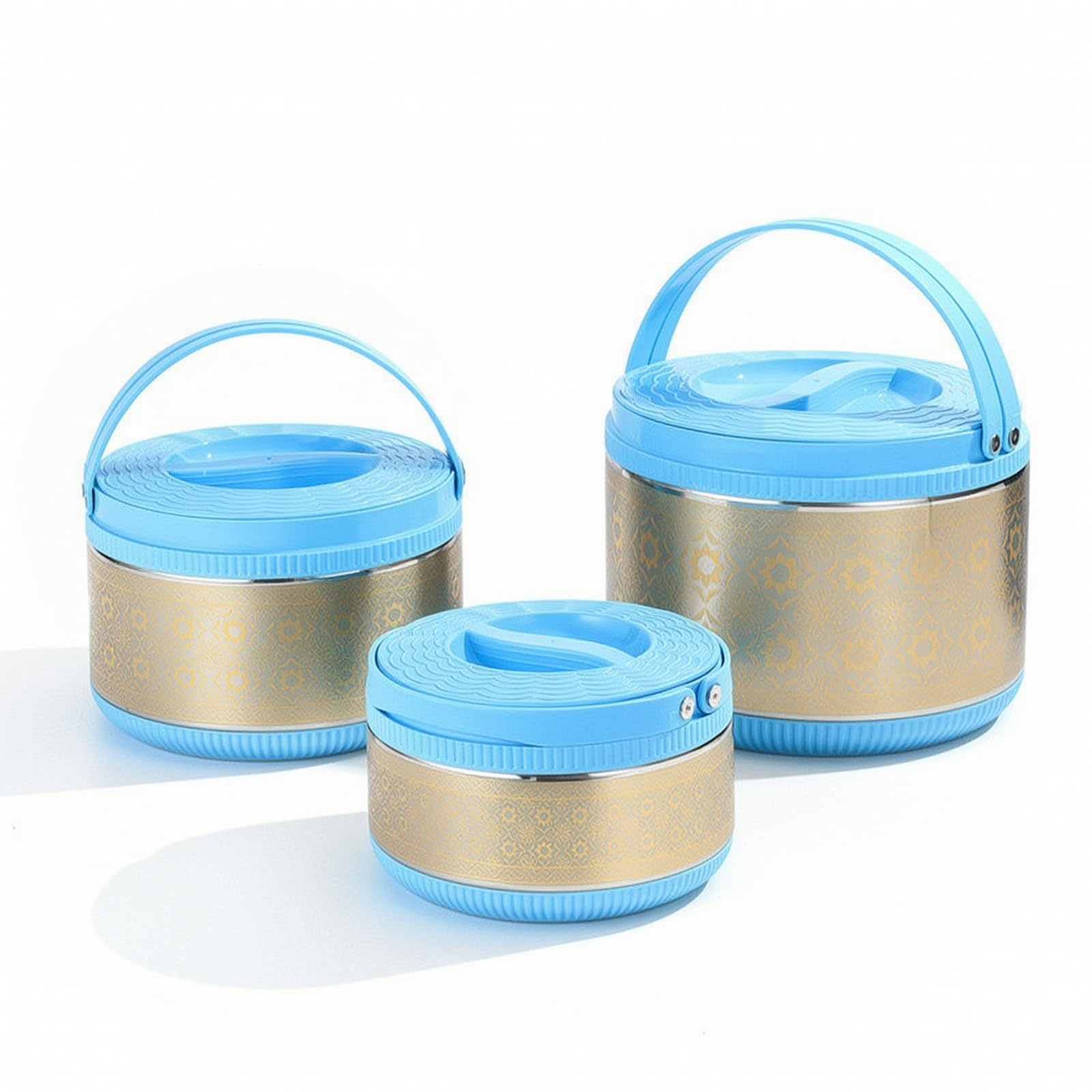 3 Pezzi Contenitore Termico con Manico Isolato Portavivande con Manico a Doppia Parete Portavivande Termico per, Blu Con Fiori Dorati, Set Da Tre Pezzi Blu Con Fiori Dorati
