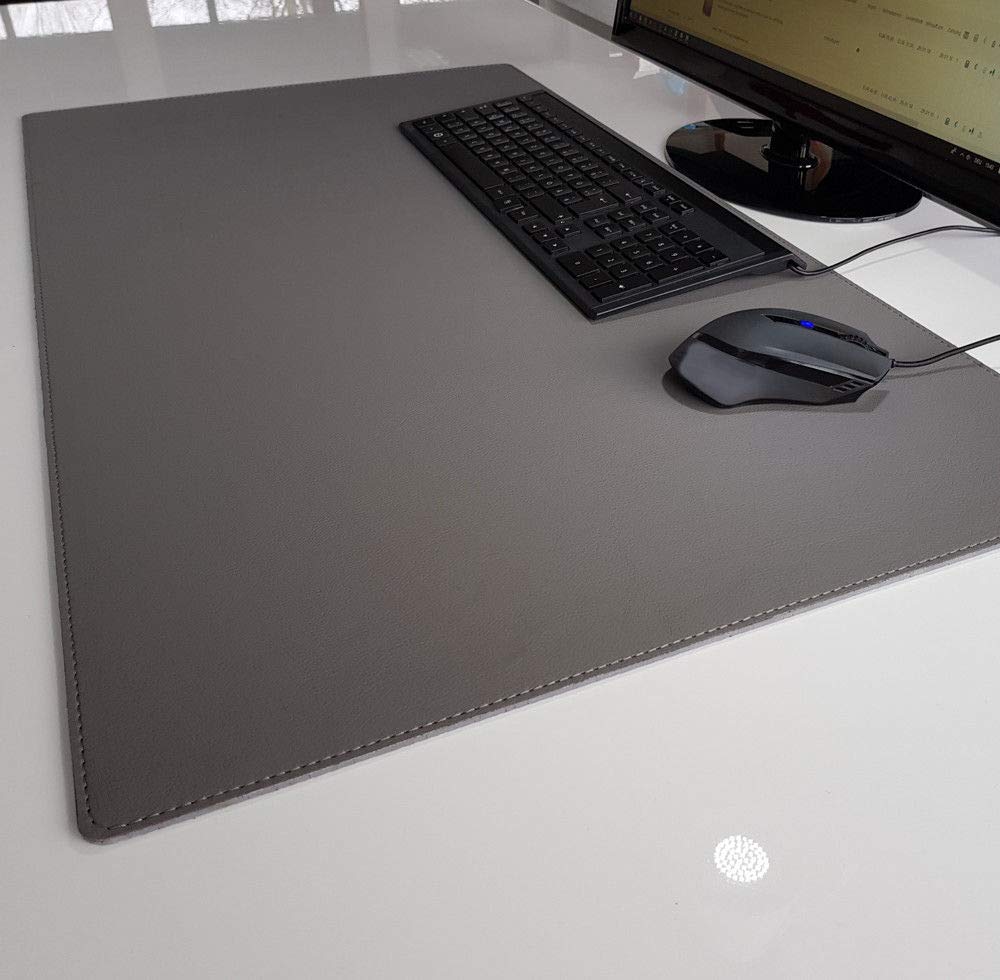 Gewinkelte Schreibtischunterlage sanft Lux Leder 90 x 50 Grau mit Graue Naht