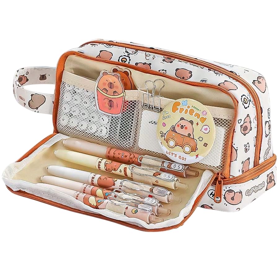 PRIME DEALS Canvas Premium Pencil Case Hang able 6 Layer with 3 Compartment Cute Aesthetic Pencil Case for Girls Large Capacity Pencil Pouch for Kids Cute Stationary Gift for Kids (Capybara Brown)-image-17