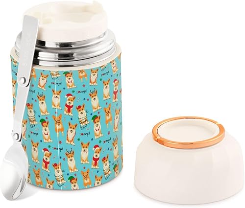 Christmas Cute Corgis Food Jar with Spoon Stainless Steel Vacuum Insulated Food Container 17 oz Soup Thermos for Adults