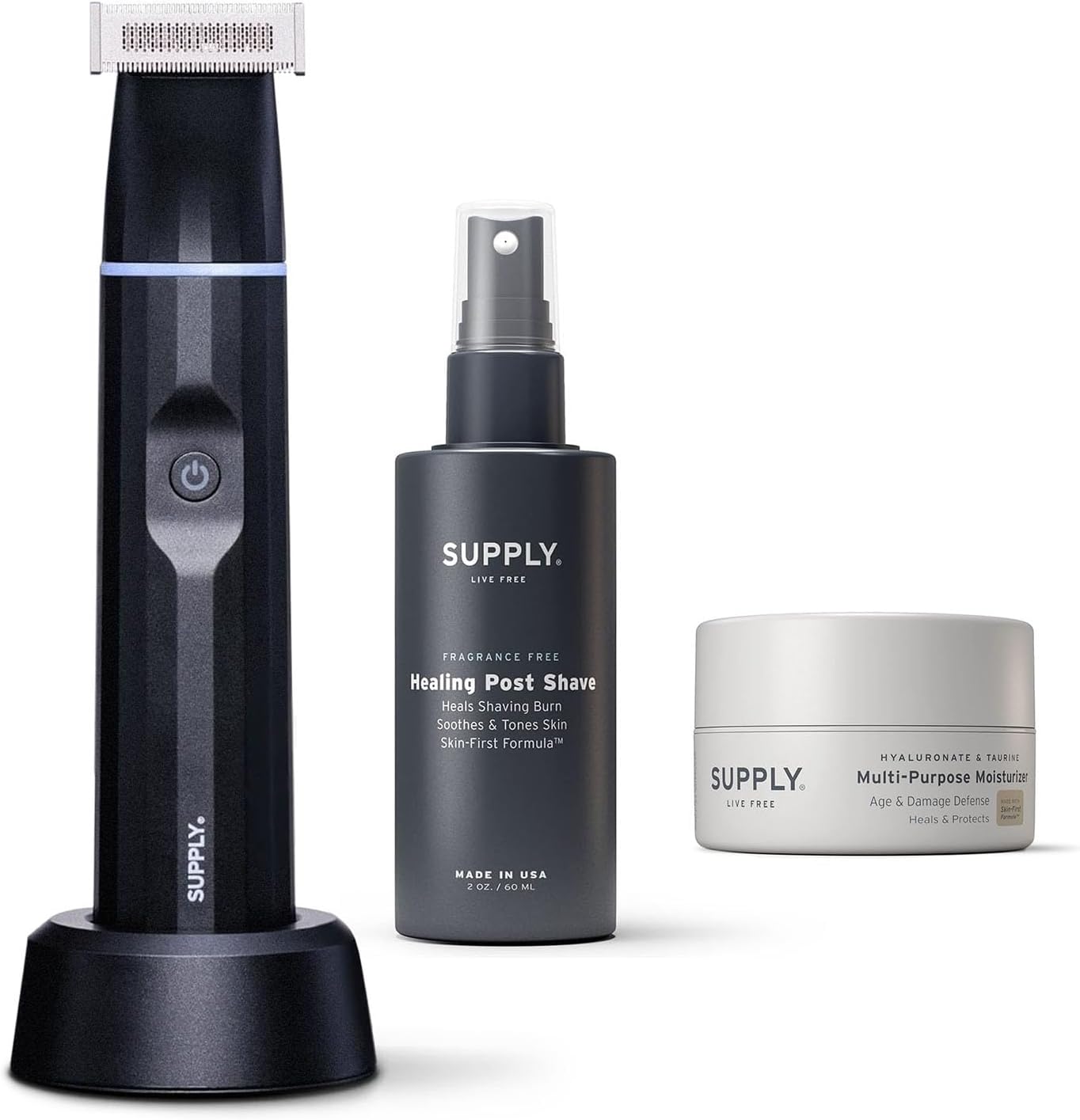 Supply Men's Clean Shave Bundle – Electric Beard Trimmer, Fragrance-Free After Shave, and Multi-Purpose Facial Moisturizer
