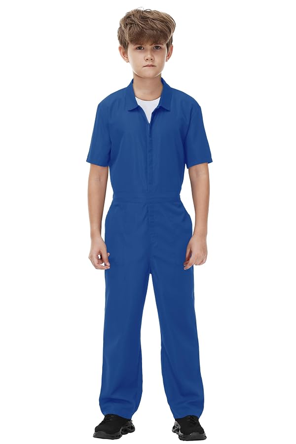 AOBUTE Kid Boys Solid Color Coveralls Bright Blue Summer Jumpsuits Casual Elastic Waist Zipper Work Uniform 11-12 Years by AOBUTE - Used condition - US$25.75