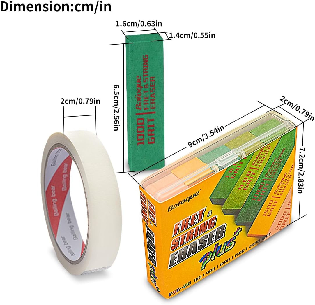 5pcs Fret Erasers Grits, Fret Polishing Cleaner & Masking Tape, Guitar Fret Polishing Abrasive Rubber Blocks Tool, Clean Fret Wire/String/Metal(180& 400& 1000& 1500& 2000 Grit)