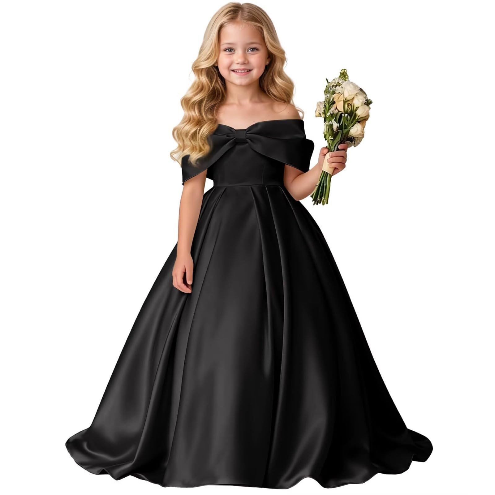 Vestido NiñA Elegantes, Vestido NiñA Ceremonia Lunares, Vestidos De Fiesta Largo hasta El Suelo Color Liso con Hombros Descubiertos Y Un Gran Lazo Mayores Dresses Summer Dress Dress Vestidos Verano