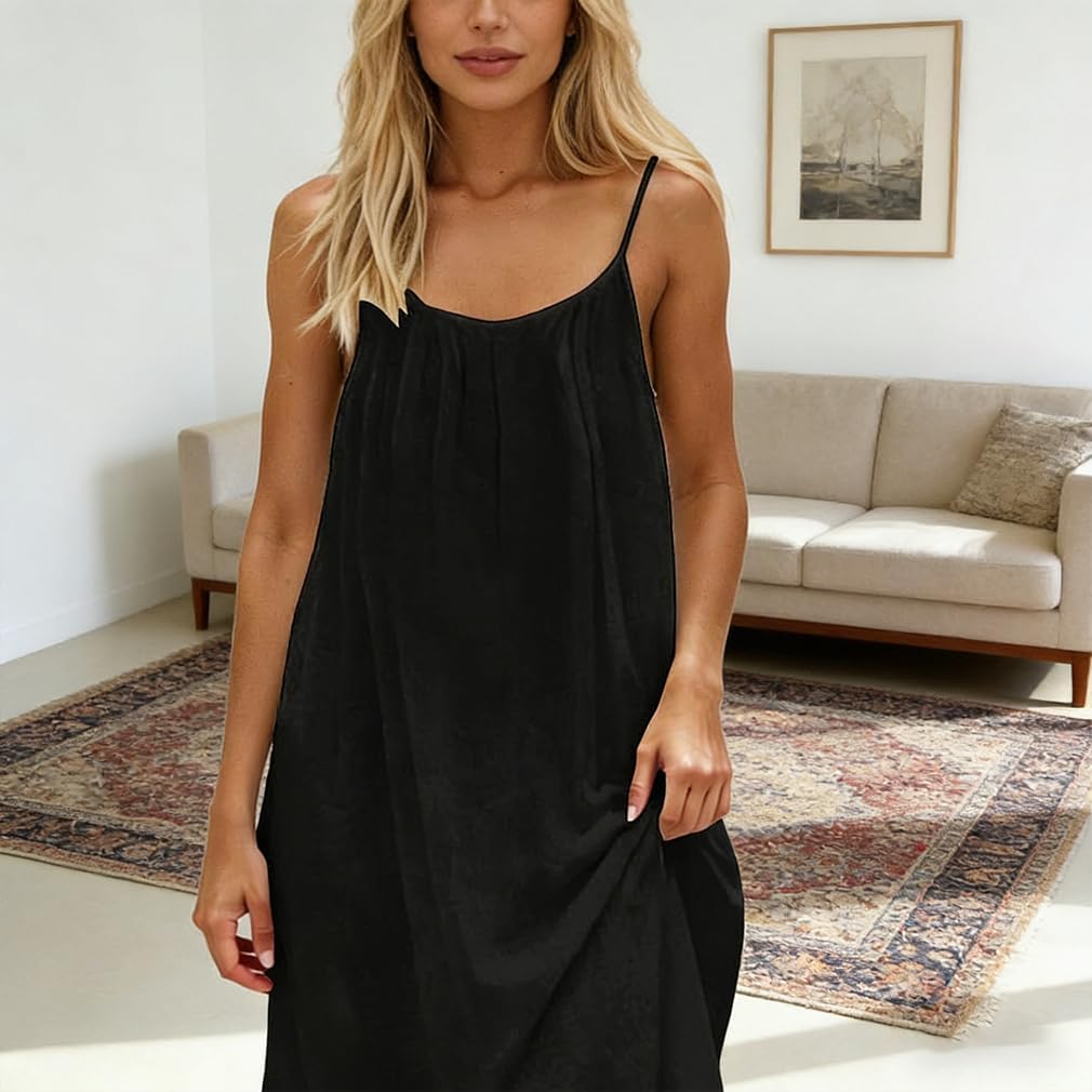 Women's Solid Color Backless Cami Dress Sleeveless Spaghetti Strap - Open Back Dress,Flow Long Sundress - Image 4