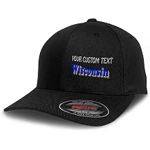 Custom Flexfit Cap for Men & Women Embroidered Wisconsin Wi WIS. Map Wisconsinite Badger USA Dairyland Hats Baseball Large XLarge Black Personalized Text Here