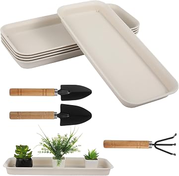 Beige, Garden Tools Three with, Pots Indoor Outdoor for, Planter Plastic Frosted, Non-Slip Saucer Tray, Rectangle in 15.6 X 6.6 X 1.2 in, Drip Plant Trays, Plastic Five Pieces