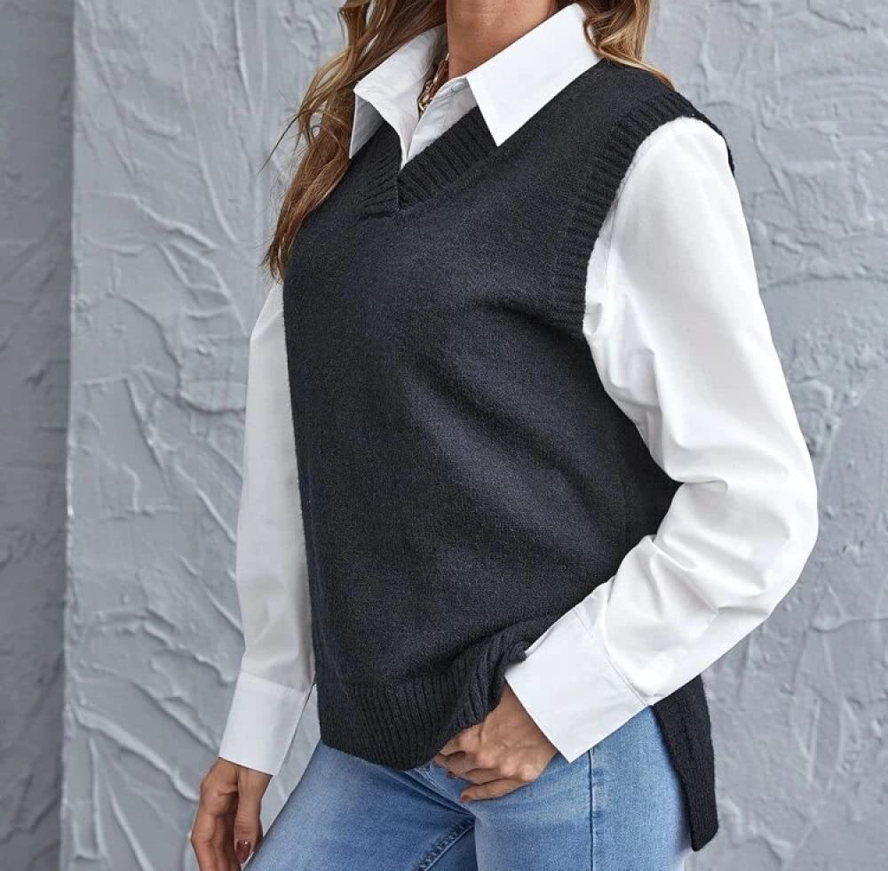 OZEO Maglioni Gilet,Gilet da Donna Semplice Nero Classico A Costine Spacco Laterale Lavorato A Maglia Fine Gilet Scollo A V Senza Maniche Tinta Unita Maglioni Gilet Canotte per Ragazze da Donna,L