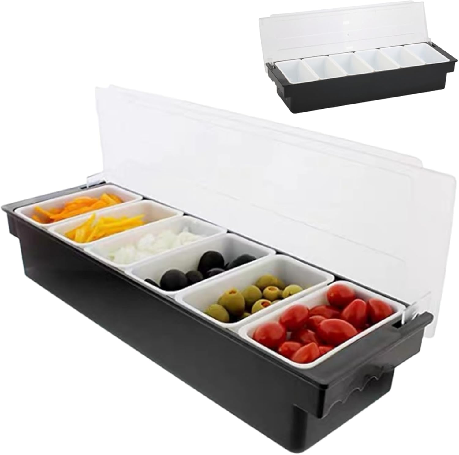 Condiment Holder with Detachable 6 Compartments Plastic Ingredients Condiment Dispenser with Lid Reusable Ice Cooled Pizza Topping Station for Home, Restaurant Condiment Holder Condiment Containers w