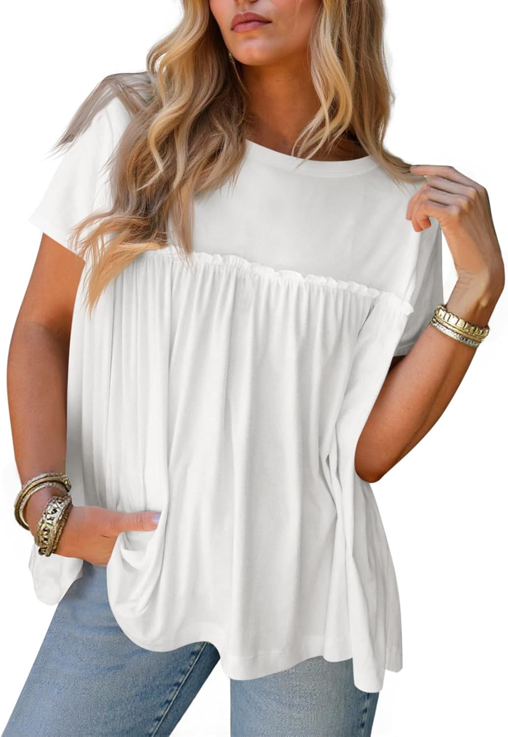 Cicy Bell Womens Summer Babydoll Tunic Tops Pleated Short Sleeve Crew Neck Peplum T Shirts Casual Loose Fit Outfits White - Image 6