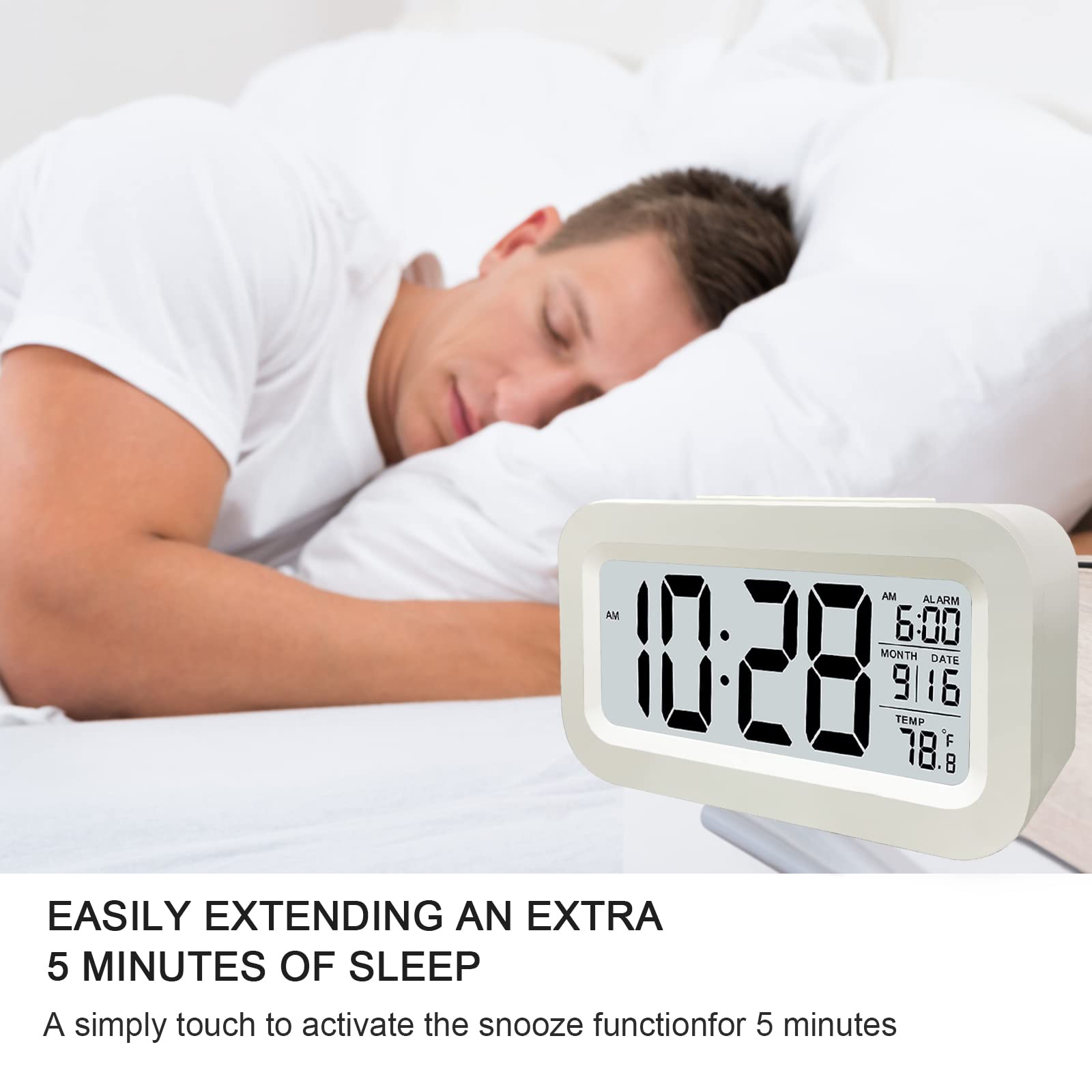 Jsdoin Reloj Despertador Digital, LED Pantalla Reloj Alarma Inteligente con Temperatura, Sensor de Brillo, 12/24 Horas, Función Snooze y Alarma para Dormitorio, Hogar, Oficina(Recargable,Blanco)