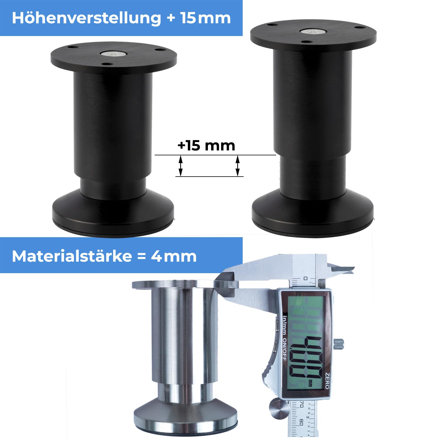 Stahlia Möbelfüße verstellbar (4er Set) 8cm Höhe Edelstahl Optik Ø 38mm Aluminium Schrankfüsse belastbar bis 250Kg Sofa Füße Möbelbeine Metallfüße Regalfüße
