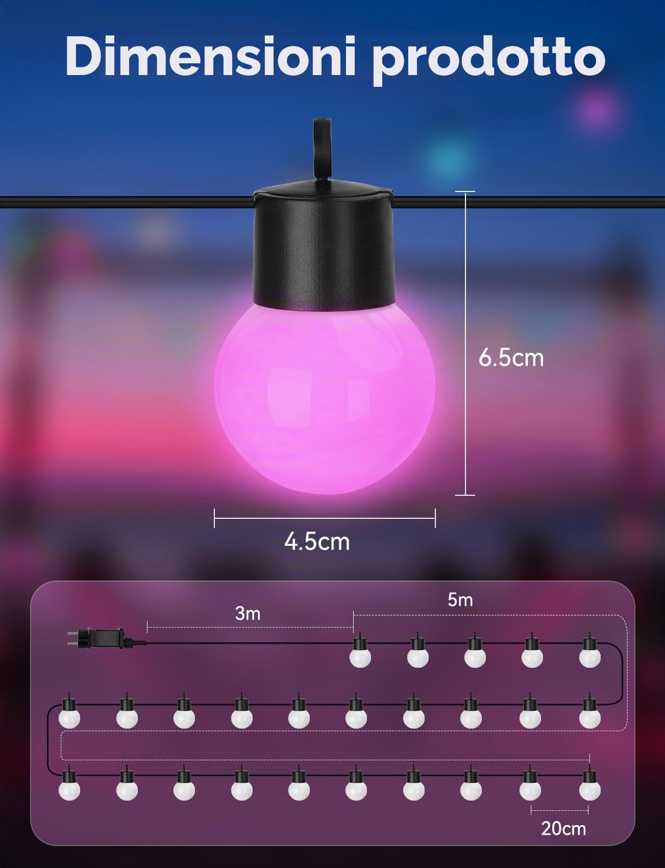 Aigostar Catena Luminosa RGBIC Esterno, 5M, 25 LED Lampadina Colorata, Controllo Segmento Fai da te a Colori, Sincronizzazione Musicale, 39 Modalità Dinamiche, IP44 Impermeabile per Interni, Giardino