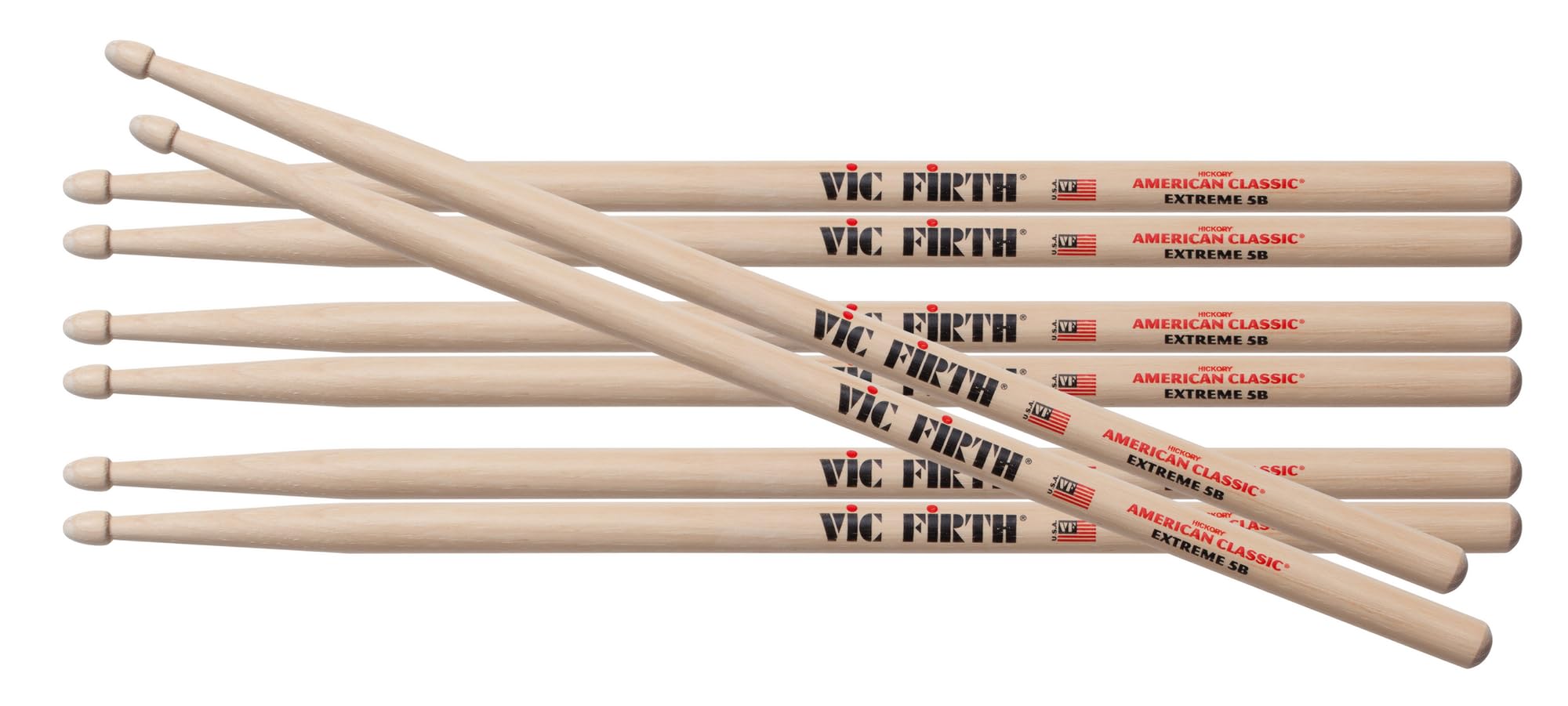 Vic Firth PX5B.3-X5B.1 American Classic Extreme 5B Drumsticks 4 Pair Value Pack - Premium USA Hickory Wood Tip Drum Sticks