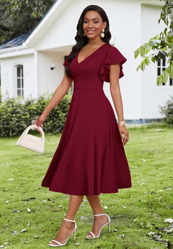 Women's Cocktail Midi Dress Elegant V Neck Ruffle Short Sleeve Wrap Wedding Guest Semi Formal A Line Dress - Image 4