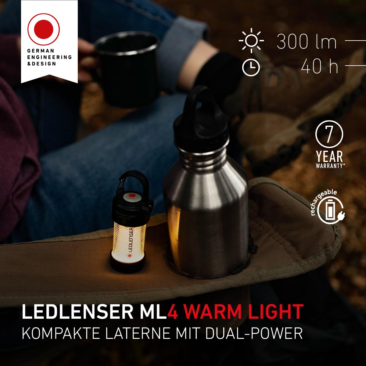 Ledlenser ML4 Warm Light LED Laterne, 300 Lumen, bis 40h Laufzeit, aufladbar, Rotlichtfunktion, Schwarz