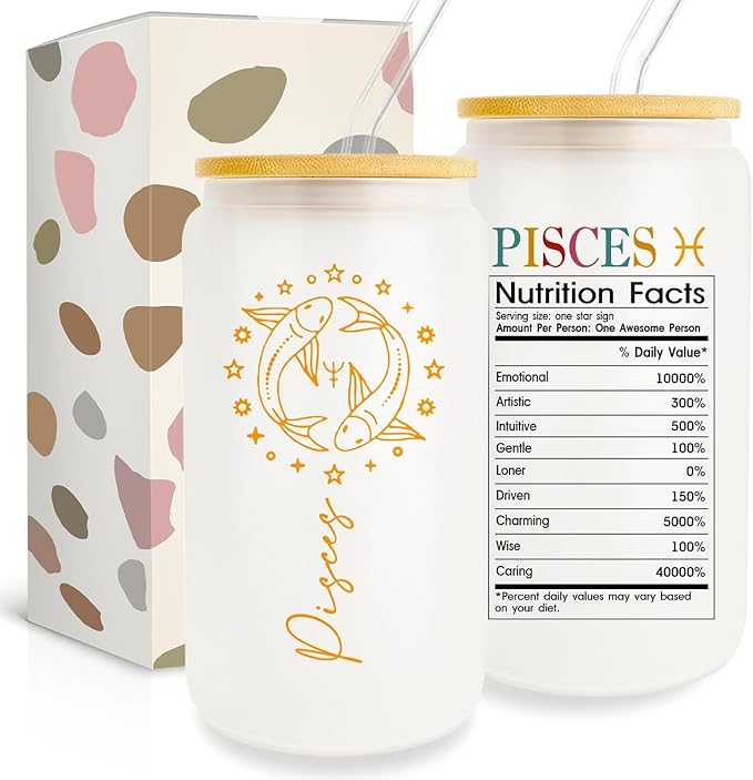 Zodiac Pisces Gifts For Women & Men - 16 Oz Can Glass Cup With Pisces Signs - Birthday & Horoscope Spiritual Gifts