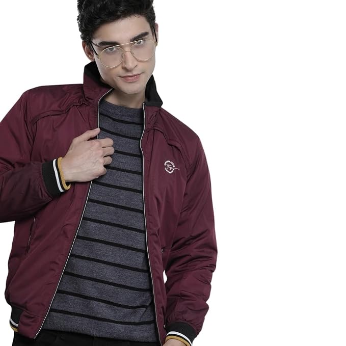 The Indian Garage Co Men Maroon Slim Fit Solid Bomber Jacket