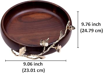 Decozen Wooden Bowl with Decorative Brass Branch Handle - Small Wood Serving Dish for Salad, Popcorn, and Chips - Versatile Fruit Bowl and Serving Bowl - Essential Kitchen Counter Serveware
