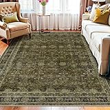 WITSHOCK 5x7 Olive Green Rug for Living Room: Modern Vintage Boho Moody Retro Antique Farmhouse, Non-Slip Low Pile Stain Resistant Rugs for Bedroom Nursery Dining Under Table Lounge
