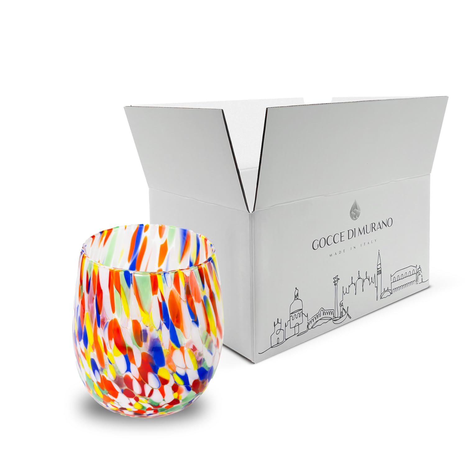 Gocce di Murano Lot de 6 verres à eau travaillés selon la tradition des artisans de Murano, verre soufflé et travaillé à la main, 300 ml - verres à eau, verre arc-en-ciel, pluie