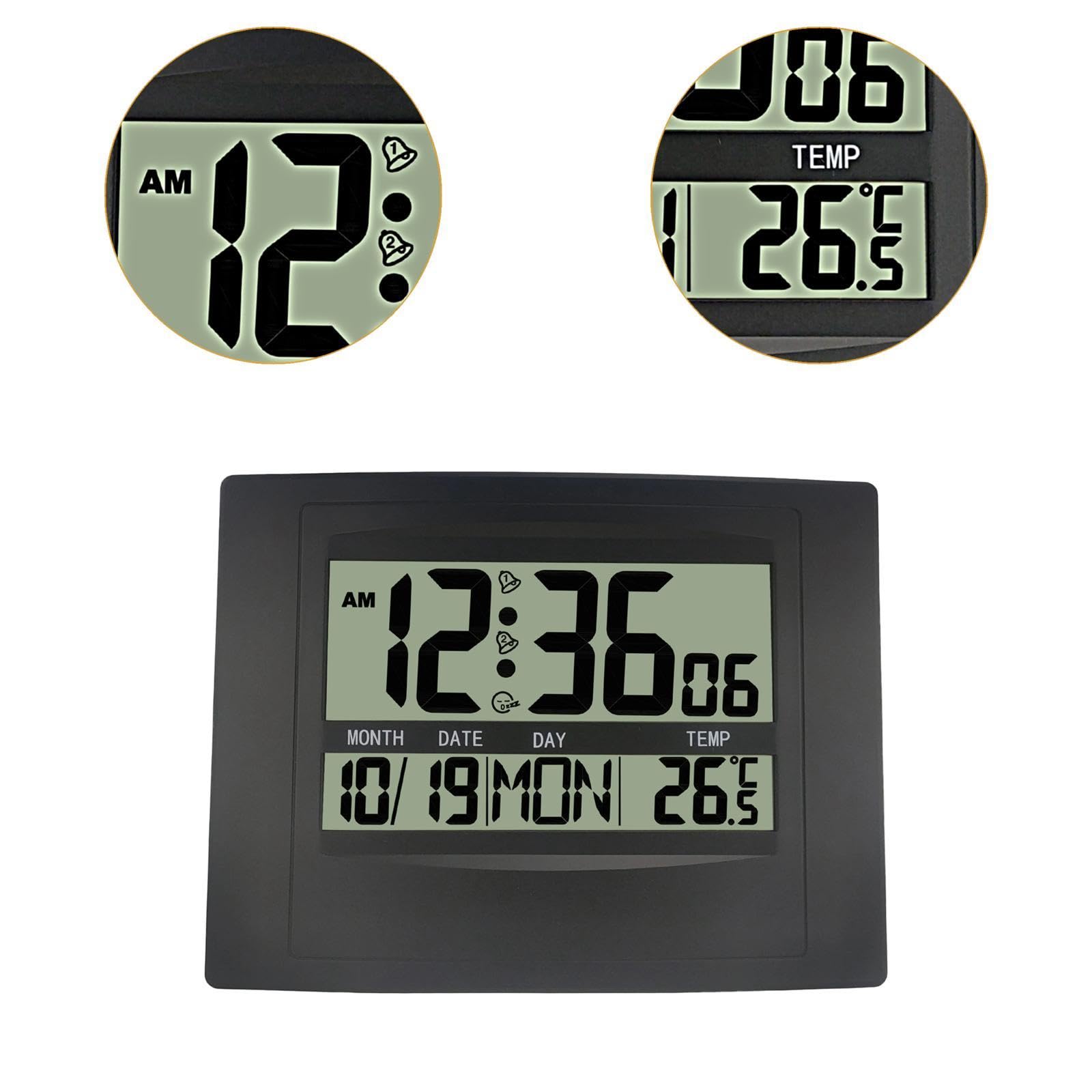 Digitale Wanduhr, geräuschlos, mit Datums-, Innentemperatur- und großem Display, für Nachttisch, Büro, Schlafzimmer oder Wohnzimmer, Schwarz