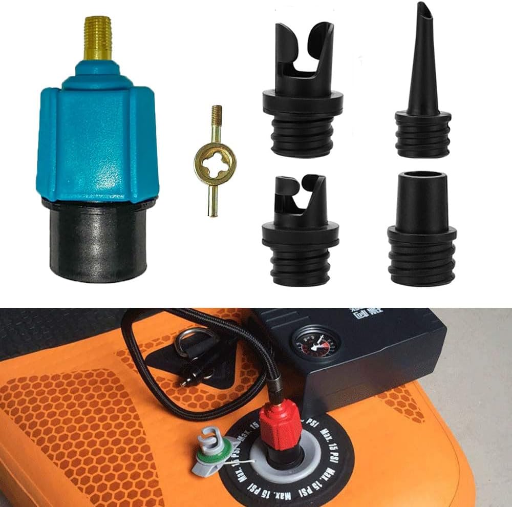 SUP Pump Adaptor Air Valve Converter, 7MM Inlet Opening Air Pump Converter with 4 Standard Air Valve Nozzles for Inflatable Boat, Stand Up Paddle Board, Inflatable Bed, Etc - Blue