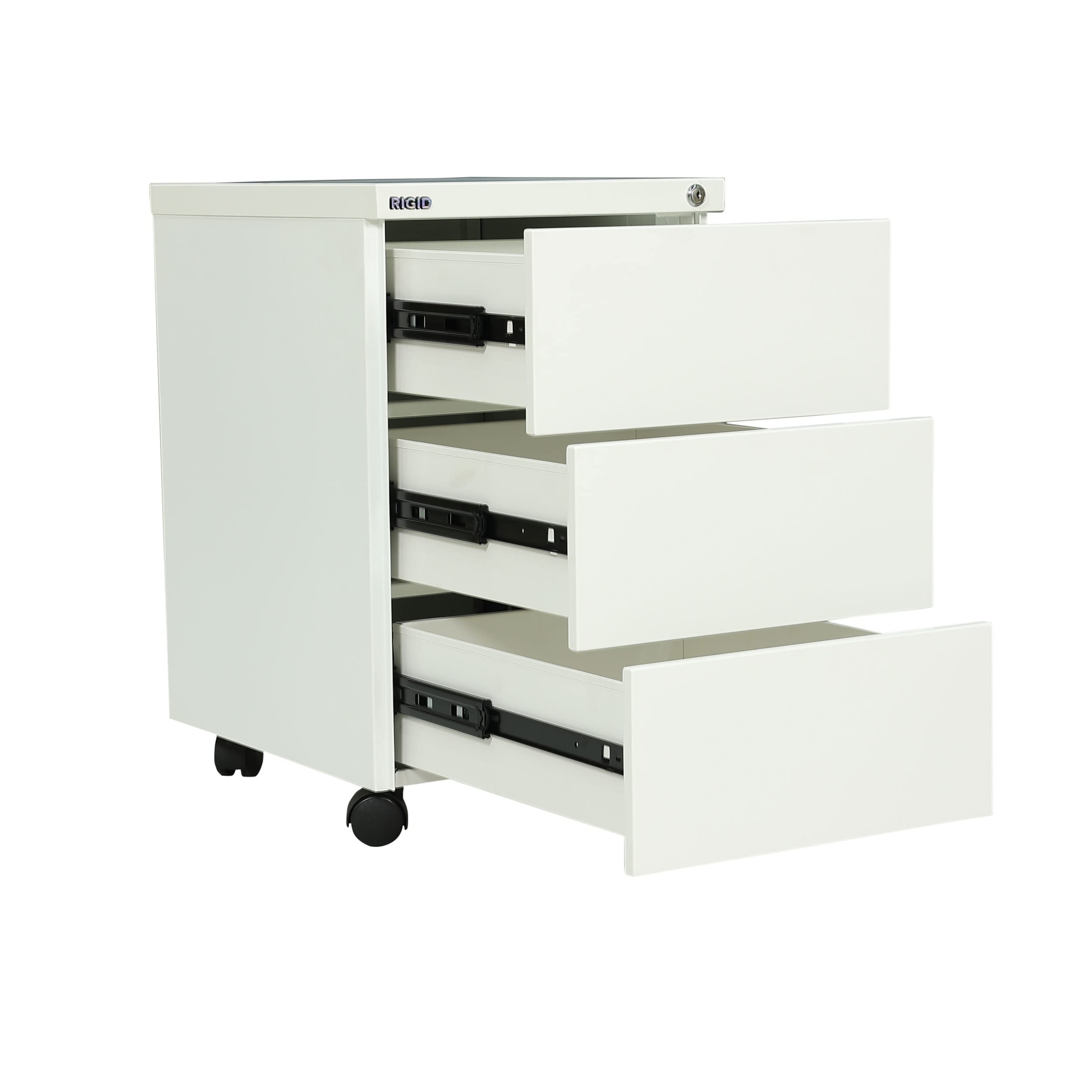 RIGID Steel Mobile Pedestal | 3 Drawer Under Desk Storage Unit with Lock | Modern Office Filing Cabinet with Wheels for Home, Office, Workstation Furniture (White), Pre-Assembled