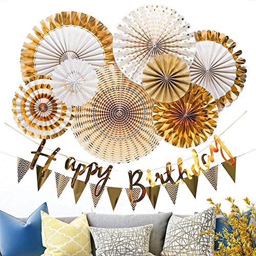 Image of Party Propz Paper Birthday Decoration Items for Husband,Girl Or Boy-10Pcs / Gold Paper Fan Hanging Decorations Set with Gold Happy Birthday Banners and Pennant Banner for Bday Decorative Supplies Materials