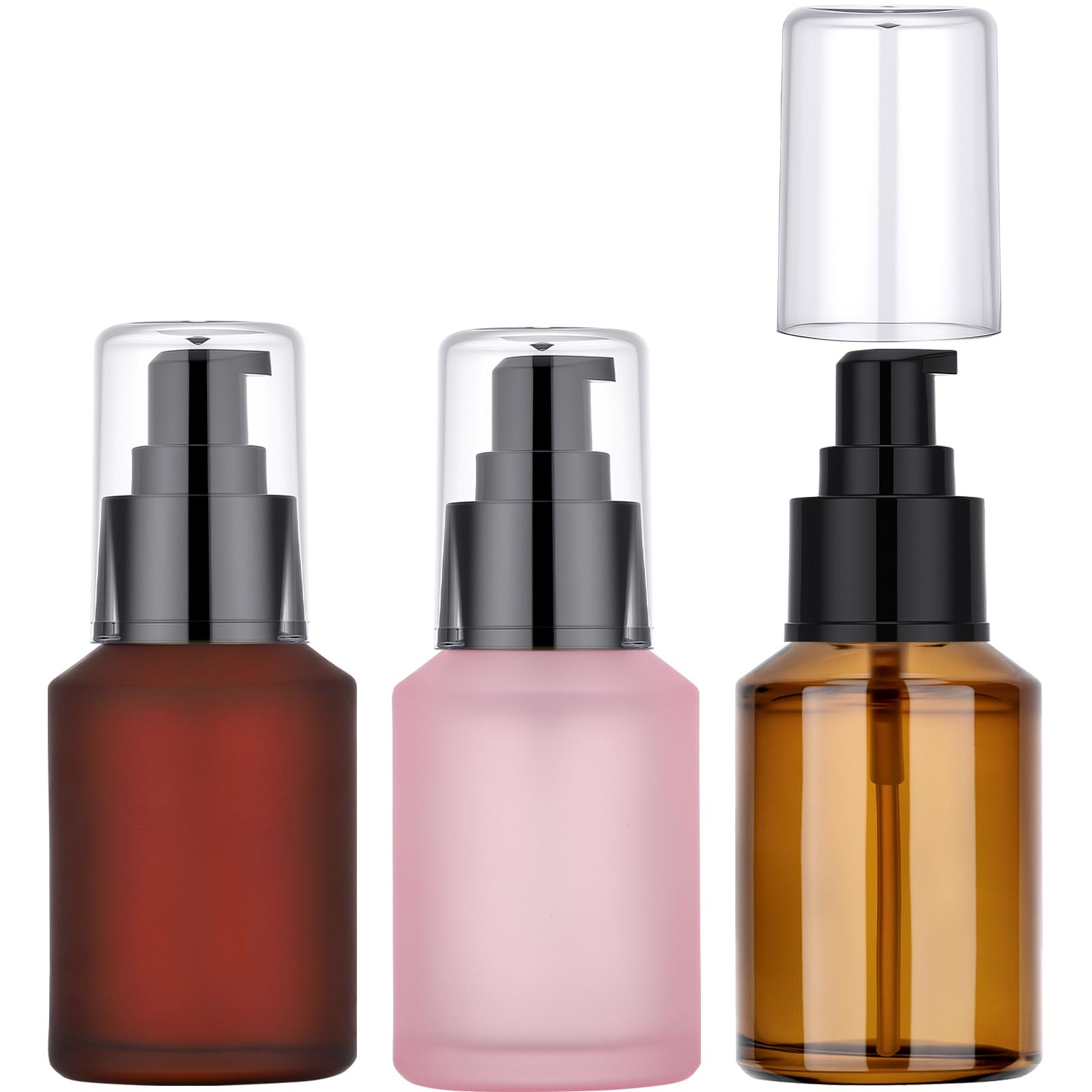 Segbeauty 2oz Frosted Glass Travel Pump Bottles for Toiletries, 3pcs Refillable Cosmetic Pump Dispensers Empty, 60ml Travel Cream Oil Foundation Bottles, Liquids Serum Containers in Mixed Color