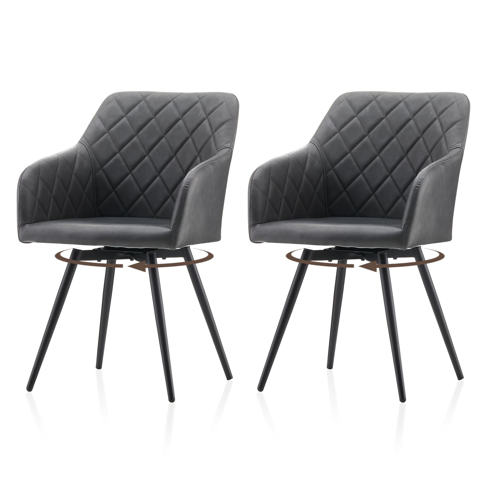TUKAILAi Dining Chairs Set of 2, 360° Swivel Upholstered Kitchen Armchairs with Backrest and Metal Legs, Faux Leather Chairs for Home Office Bedroom Living Room Lounge(A – Dark Grey,Pack of 2)