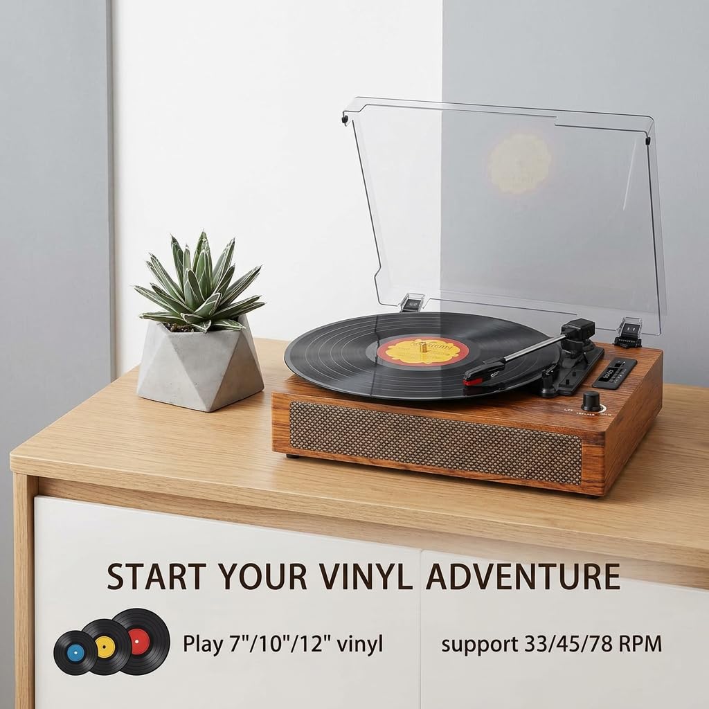 Reproductor de discos de vinilo con Bluetooth integrado, grabación USB, altavoces estéreo, tocadiscos vintage impulsado por correa, 3 velocidades y 3 tamaños, portátil, reproductor LP de entrada AUX 3