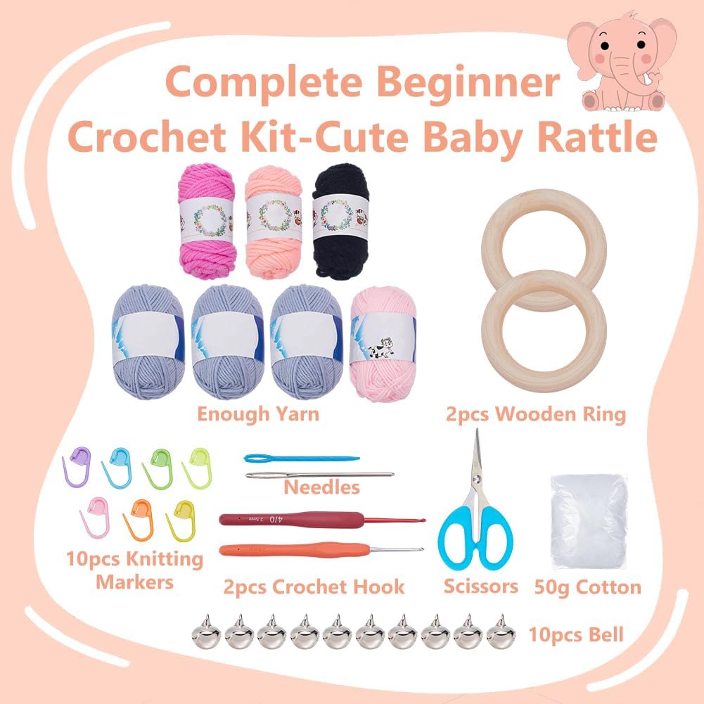 WEBEEDY 2 Sets DIY Wooden Rattle Elephant Crochet Kit for Adults Beginners, Wooden Rattles Shaker with Bells Animal Crochet Starter Kit with Step-by-Step Video Tutorials Handmade Gift for Shower