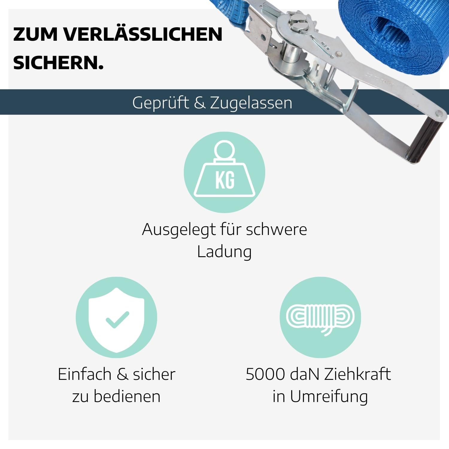 8 x Zurrgurt 1-teilig mit Ratsche 5 m I 2,5t Zugkraft I Gurte zum Befestigen I Blauer Spanngurt mit Sicherheitsetikett I Bandbreite 50 mm I Zurrgurte mit Ratsche
