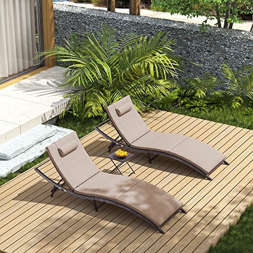 Asjmr Lounge Chairs 3 Pieces Outdoor Lounger Recliner Chair Beach Pool Pe Rattan Patio Furniture Set With Folding Table (Brown) #TOP7