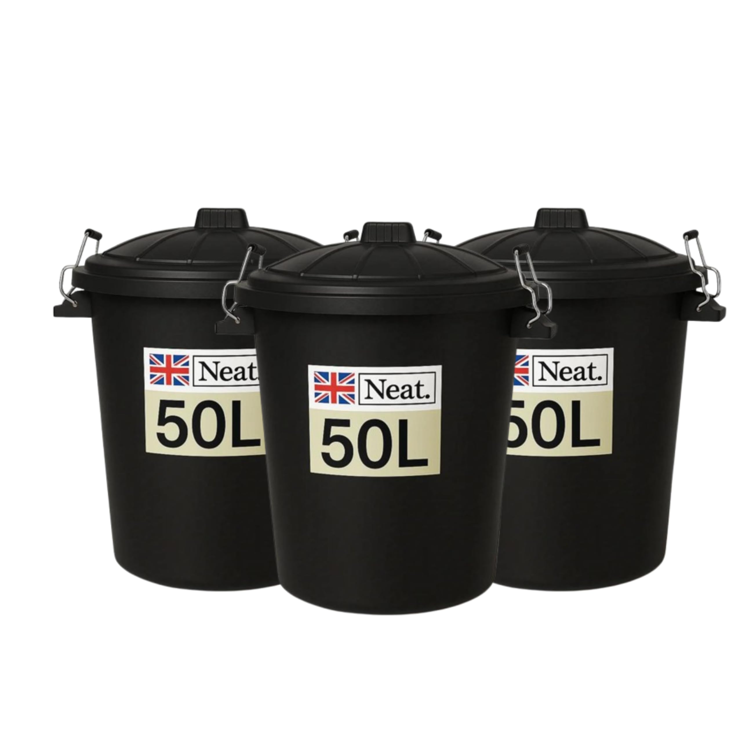 NeatPlastics Dustbin 50 L, Large Dustbin for Garden with Heavy-Duty Weather Resistant and Food Grade Material, Trash Can Garbage Bin With 2 Clip Locking Lid for Indoor & Outdoor Waste, Pack of 3