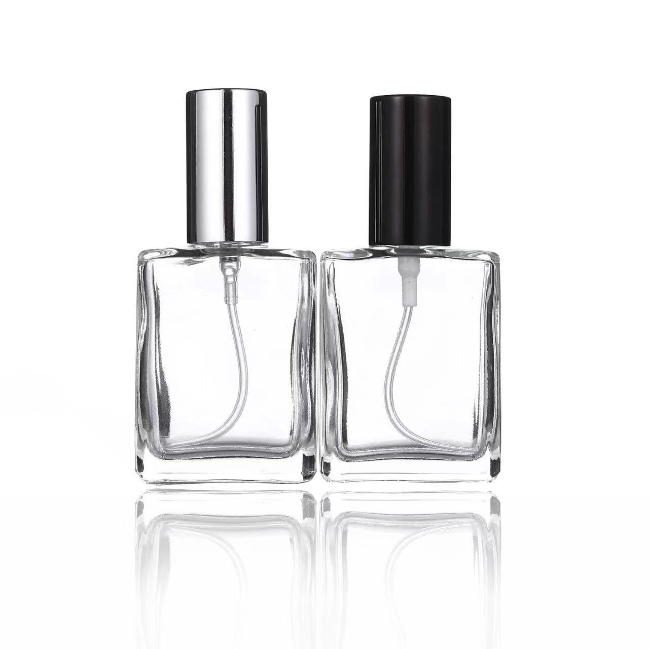 Kwadratowa płaska szklana butelka z rozpylaczem na perfumy, 15–100 ml, do wielokrotnego napełniania, przezroczysty, pusty pojemnik na kosmetyki do pielęgnacji skóry (srebrny atomizer, 100 ml, 3