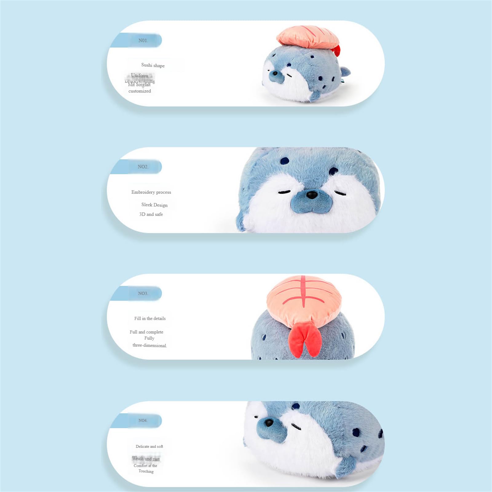 Plüschtier, Süßes Robbenkissen, Garnelen-Sushi-Plüschspielzeug for Kinder, Robben-Plüschkissen, Kawaii-Robbentierkissen(Blue)