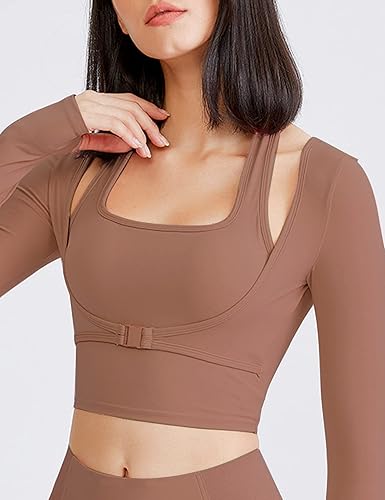 Miniatura 4 de Flygo Camisetas de yoga con brasier integrado, con relleno, de manga larga, camiseta de gimnasio para mujer, entrenamiento