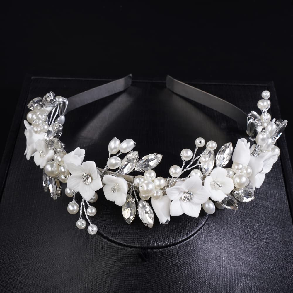JWICOS Blumen-Braut-Stirnband, silberfarbenes Diadem für Braut, Kopfschmuck für Hochzeit, Haarschmuck für Braut, Abschlussball, Fotografie