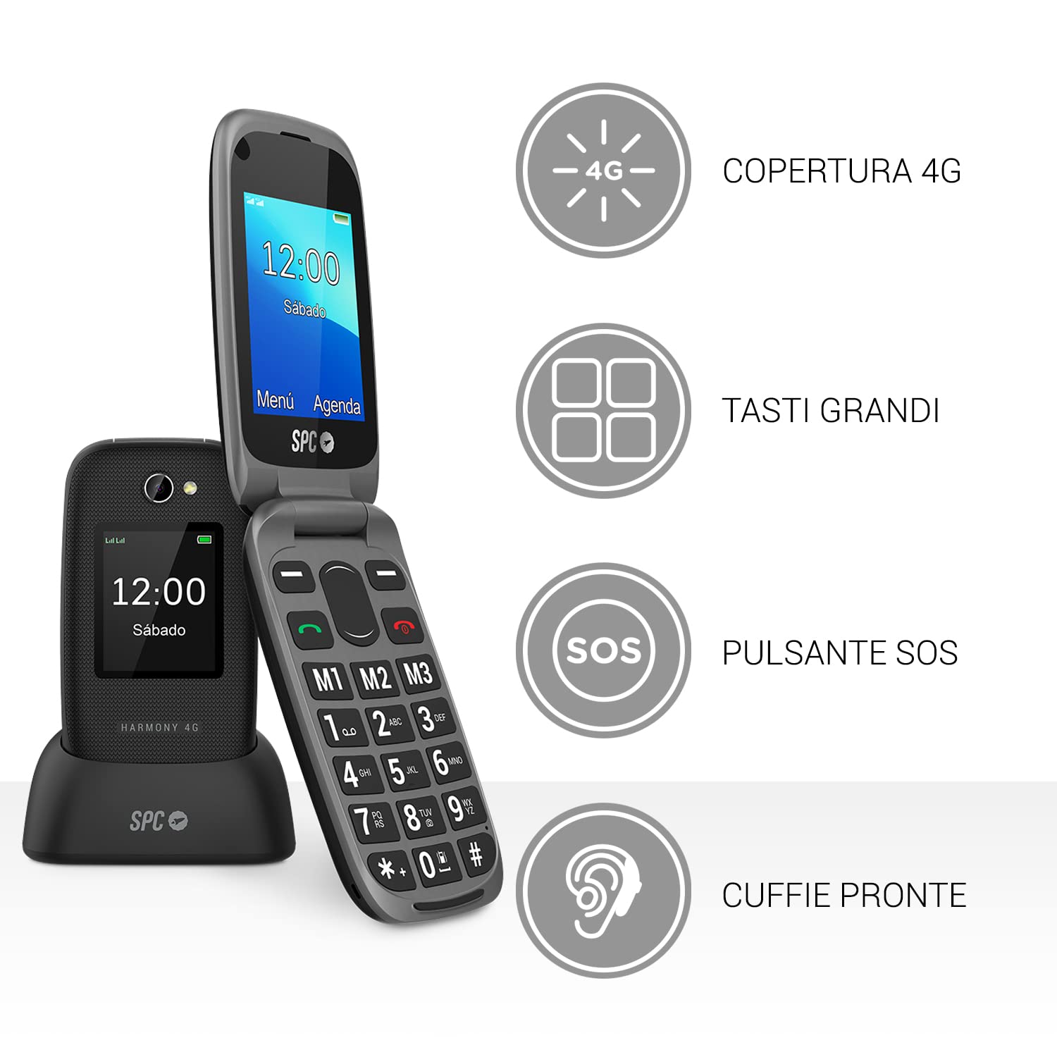 SPC Harmony 4G - Telefono cellulare flip anziani con tasti grandi, compatibile con apparecchi acustici, configurazione remota, pulsante SOS, volume della suoneria alto, base di ricarica, nero